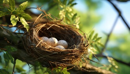 Close-up of a bird's nest with eggs nestled on a tree branch, surrounded by vibrant green leaves and a clear blue sky.