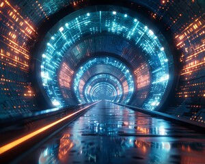 A futuristic tunnel with neon lights and a train running through it
