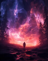 Silhouette of a person standing against a vibrant, mystical sky with neon colors and towering trees, creating an ethereal, otherworldly scene.