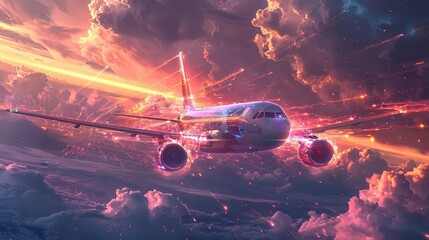 Stunning airplane flying through a vibrant, colorful sky amidst dramatic clouds and streaks of light, creating a magical scenery.