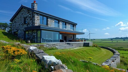 A wind farm set against a picturesque landscape, illustrating the power of renewable energy sources. Advocate for the adoption of sustainable energy alternatives.