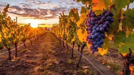 Naklejka premium Ripe grapes in vineyard at sunset, Tuscany, Italy.