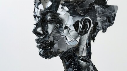 paper collage, white background, black and grey tones, a head of woman made from torn pieces of paper