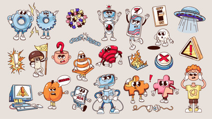 Groovy internet disconnect stickers and cartoon characters set. Funny retro bad wifi connection, failure mascots and emoji collection, cartoon disconnect badges of 70s 80s style vector illustration