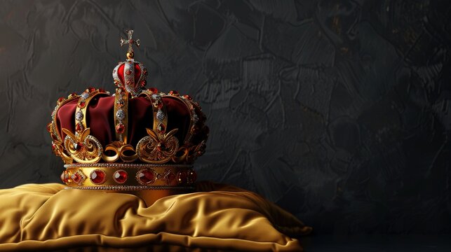 Royal Golden and Red Crown with Jewels on Golden Pillow on Copy Space Dark Background
