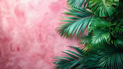 An assortment of thriving tropical foliage set against a textured pink backdrop, highlighting organic beauty with an artistic twist