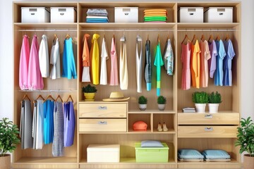 Organized Wardrobe with Colorful Clothes