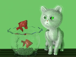 魚,金魚,きんぎょ,ねこ,猫,黒猫,白猫,三毛猫,虎猫,白,黒,茶色,金魚鉢,泳ぐ,眺める,水,水槽,黒,赤,7月,8月,夏,自然,美しい,きれい,すずしい