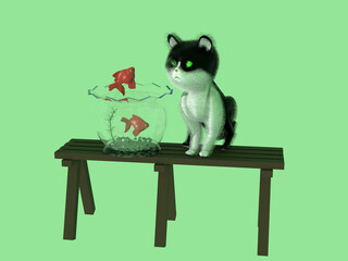 魚,金魚,きんぎょ,ねこ,猫,黒猫,白猫,三毛猫,虎猫,白,黒,茶色,金魚鉢,泳ぐ,眺める,水,水槽,黒,赤,7月,8月,夏,自然,美しい,きれい,すずしい