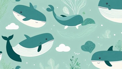 Scandinavian illustration wallpaper pattern whale theme, beautiful pastel green colors