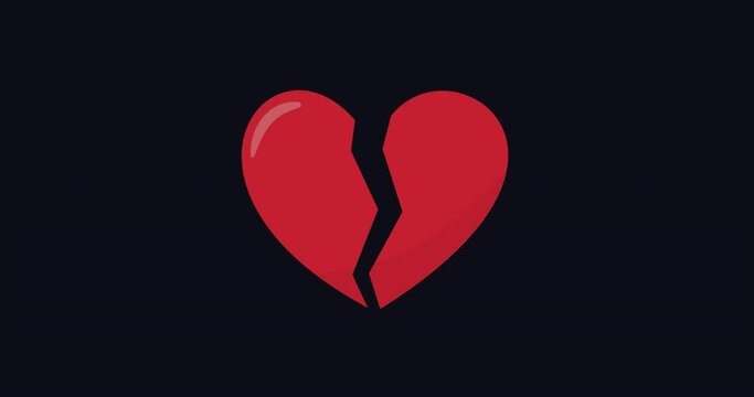 Animation icon of a broken red heart 4k on dark background. Broken heart animation. Concept of unrequited love