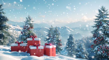 A snowy landscape with Christmas trees and red gift boxes, creating an atmosphere of joy during the holiday season.