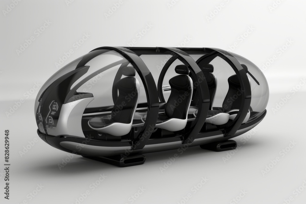 Poster Sleek autonomous vehicle with a modern design, transparent sides, and spacious interior, showcasing future transportation technology and urban mobility