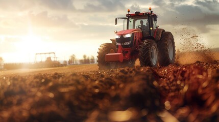 A red tractor is driving through a field of dirt