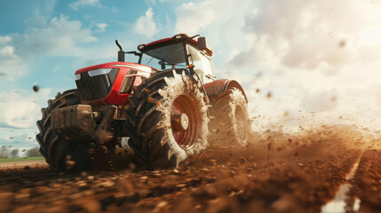 A red tractor is driving through a muddy field