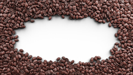 Roasted coffee beans concept forming a frame around the image to leave a copy space for text or picture in middle. Nice effect for designing decorations for cafe shops or homes. 3d render