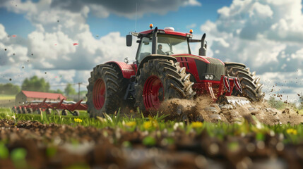 Obraz premium A red tractor is plowing a field