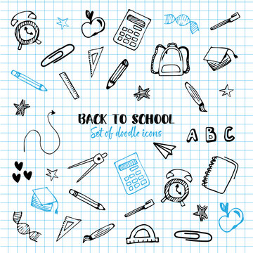 A set of stationery elements against the background of a piece of checkered notebook paper. Hand-drawn doodle style icons in black and blue colors. Elements for school shopping promotion banner design