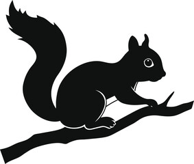 Squirrel silhouettes on branch illustration, vector. Wall decals, wall art work, poster design isolated on white background. Minimalist background