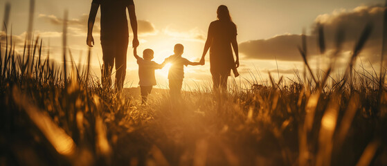 Family Walking in Field at Sunset