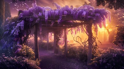a surreal wide-angle view of a dreamy Glycine garden, vividly depicting cascading purple flowers enveloping a rustic wooden arbor under a golden sunset - Powered by Adobe