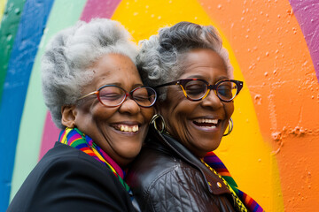 Senior black gay female friends hugging against rainbow mural brick wall. Elderly african american lesbian couple together. age inclusion & ethnic diversity at LGBTQ+ pride month. Sisterhood IWD - Powered by Adobe