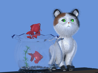 金魚鉢の金魚とそれを眺める子猫