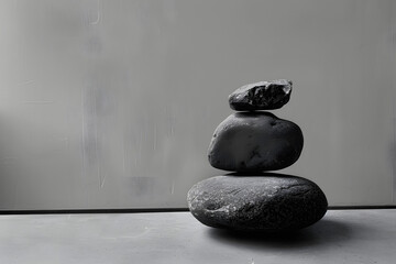 A monochrome image of two rocks balanced atop one another, situated in a room's midsection against a backdrop of gray walls
