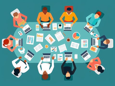 Picture a flat design of a project postmortem meeting