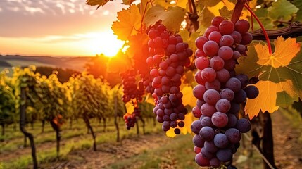 Ripe grapes in vineyard at sunset in Tuscany, Italy. Ripe red wine grapes in vineyard ready to harvest, close up.
