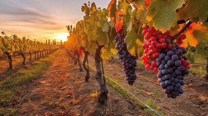Ripe grapes in vineyard at sunset, Tuscany, Italy.