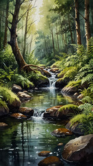 Fototapeta premium Watercolor painting: A babbling forest stream, with mossy rocks and ferns, providing a vital water source for the surrounding ecosystem,