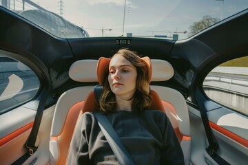 Woman enjoying a ride in a modern autonomous vehicle with a sleek design and spacious interior, highlighting advanced self driving technology