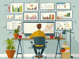 Visualize a flat design of a project manager assigning tasks to team members