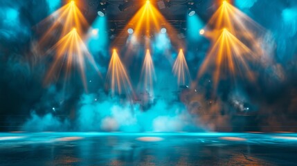 Club with blue and yellow bright stage lights and lights beams through a smoky atmosphere background