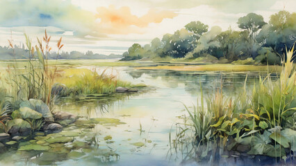 Watercolor painting: A lush freshwater marsh, with a variety of grasses, sedges, and other plants providing a habitat for a multitude of creatures.
