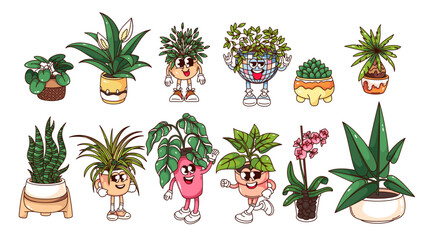 Groovy plants of home garden cartoon characters and stickers set. Funny retro happy flowers and plants, indoor houseplant mascots and cartoon personages collection of 70s 80s style vector illustration