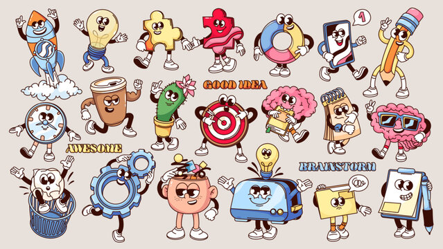 Groovy cartoon characters of creative ideas and planning set. Funny retro comic personages and sticker collection, cartoon creative brainstorm and thinking mascots in 70s 80s style vector illustration