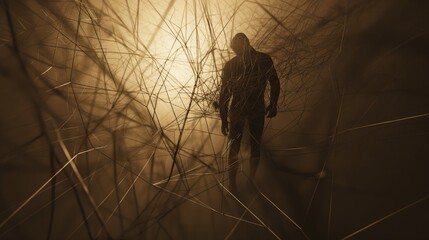 A man is walking through a maze of wires. The wires are tangled and twisted, creating a sense of confusion and disorientation. The man is lost and unsure of his way