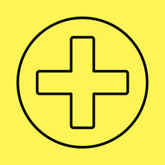 Obraz premium simple first aid medical sign icon, line vector isolated on yellow background. trendy and modern design