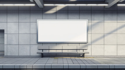 An empty white billboard located at a bus shelter, with seating and modern lighting