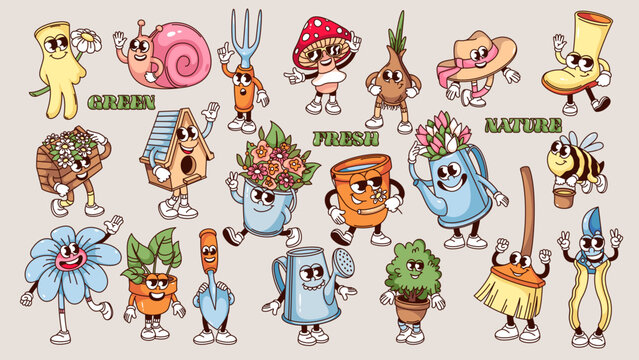 Groovy gardening tools cartoon characters and garden plants set. Funny retro garden works and nature care comic mascots collection, cartoon typography stickers of 70s 80s style vector illustration