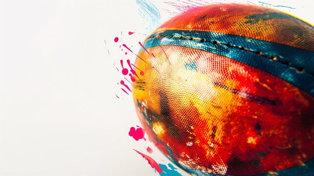 rugby ball close up on white background, vibrant colors, double exposure silhouette with rugby elements