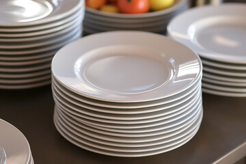 stack of plates, Indulge in the anticipation of a delicious meal with a captivating close-up image of a stack of clean plates, neatly arranged on a table, ready for use
