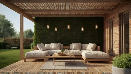 Cozy patio area with garden furniture 3d render