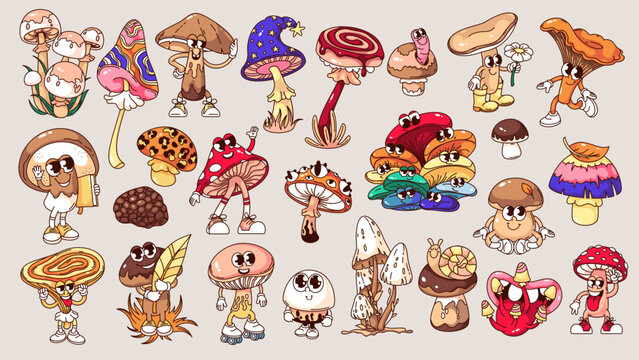 Groovy psychedelic mushrooms cartoon characters and stickers set. Funny retro magic trippy collection of forest fungus, toadstools. Crazy cartoon mushroom mascots of 70s 80s style vector illustration