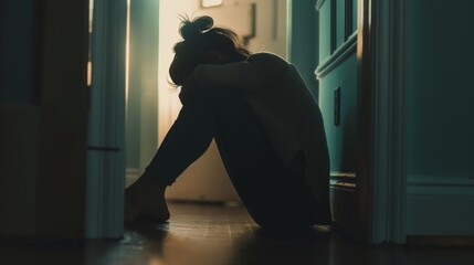 A woman is sitting on the floor in a dark room. She is crying and she is in a state of distress