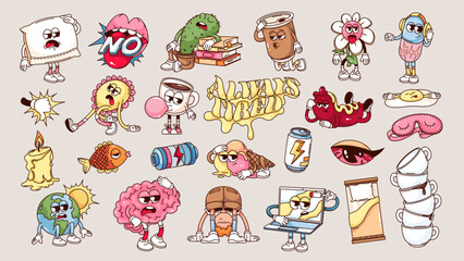 Groovy cartoon characters with tired faces set. Funny retro cute sleepy emoticons and tired personages, insomnia and tiredness mascots, cartoon typography sticker of 70s 80s style vector illustration © setory