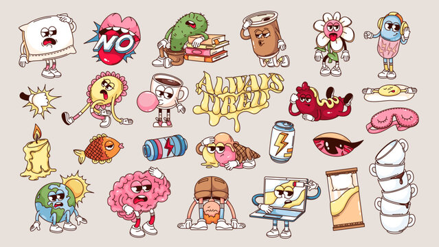 Groovy cartoon characters with tired faces set. Funny retro cute sleepy emoticons and tired personages, insomnia and tiredness mascots, cartoon typography sticker of 70s 80s style vector illustration