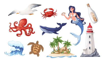 Cartoon sea elements set, marine animals and characters. Lighthouse and bottle with treasure map, island with palm trees and wave, mermaid and whale, turtle in cartoon collection vector illustration